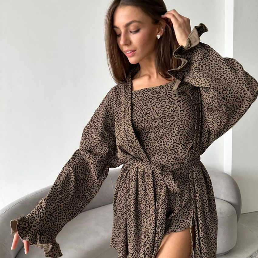 Knitted European and American Fashion Leopard Print Loose Ruffled Long-Sleeved Intimates Shorts Summer Pajamas Women's Three-Piece Home Clothes