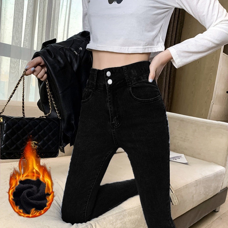 ハイウエストのベルベットの足のジーンズの女性の新しい秋冬の厚いタイツの修身はやせて暖かい弾力性の鉛筆のズボンを現します。|undefined