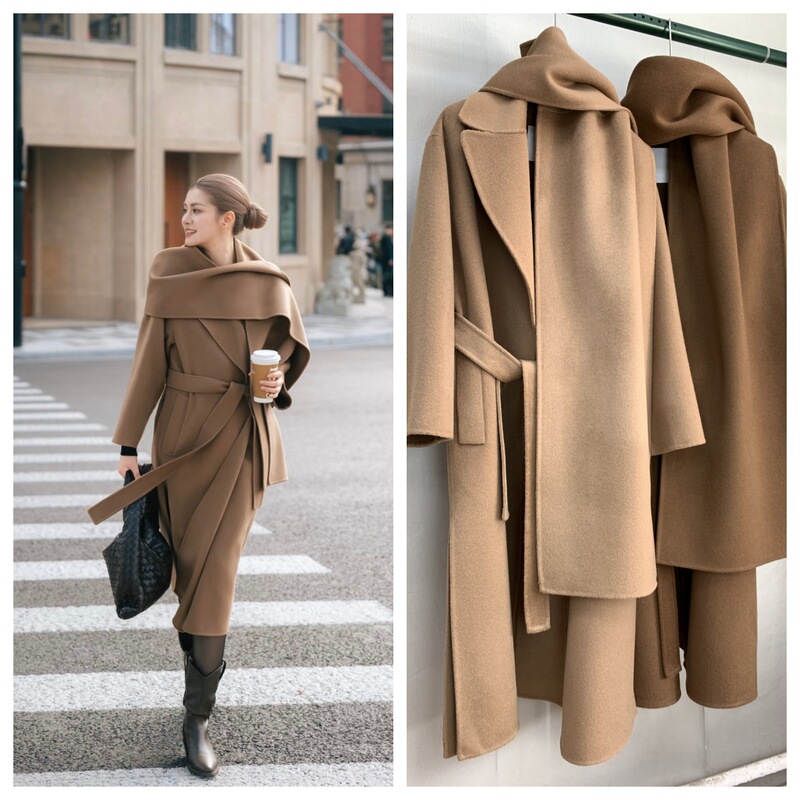 Camel Long m Brand Cashmere Caramel Color Scarf Style Tie Simple Versatile Double-Sided Wool Coat Camel Long m Brand Cashmere Caramel Color Scarf Style Tie Simple Versatile Double-Sided Wool Coat