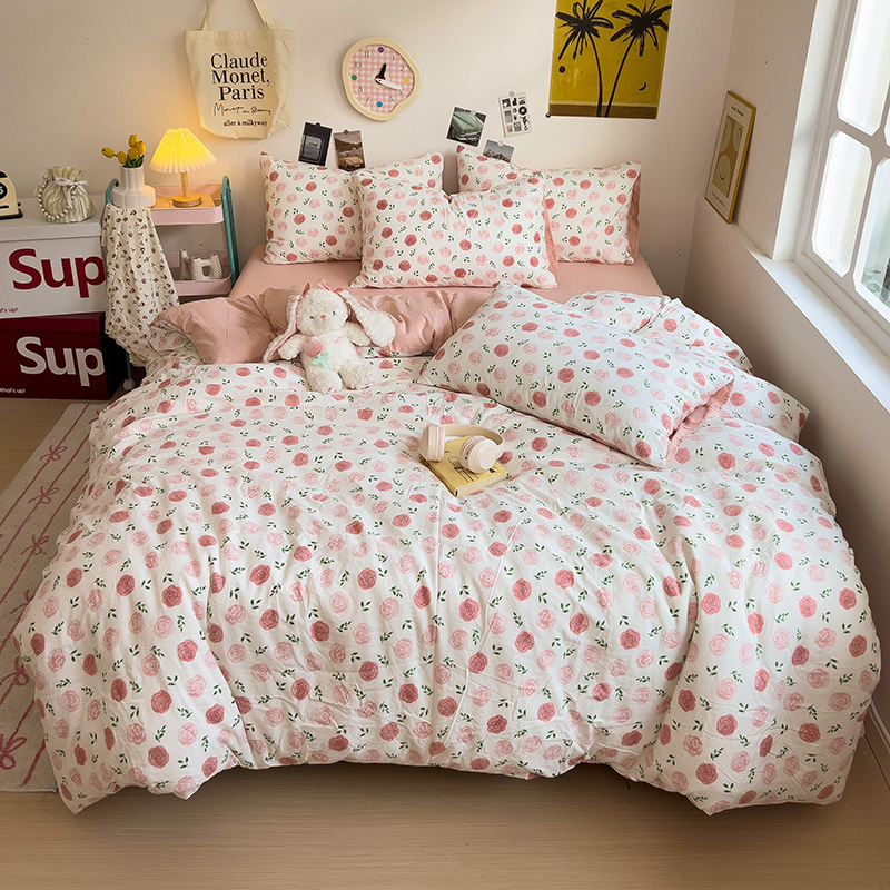 Juego de sábanas de algodón estampado de doble capa de clase A, juego de cuatro piezas, funda de edredón, juego de tres piezas, ropa de cama al por mayor, suave y cómoda