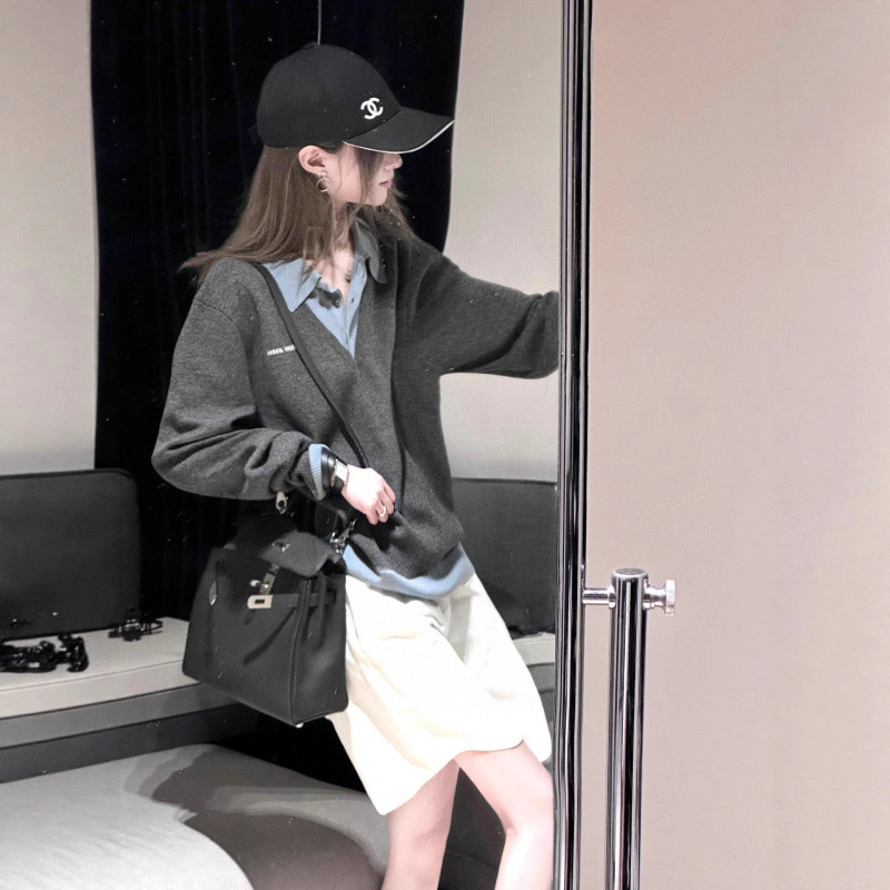 mm25秋冬新款韩版学院风时髦翻领假两件拼接针织长袖|undefined