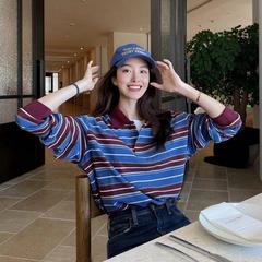 杨采钰同款复古撞色条纹polo领长袖t恤女秋季宽松慵懒风翻领上衣