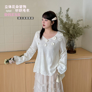 Two days 2025 spring new plus size fat sister 200kg three-dimensional flower fashion knitted sweater F338