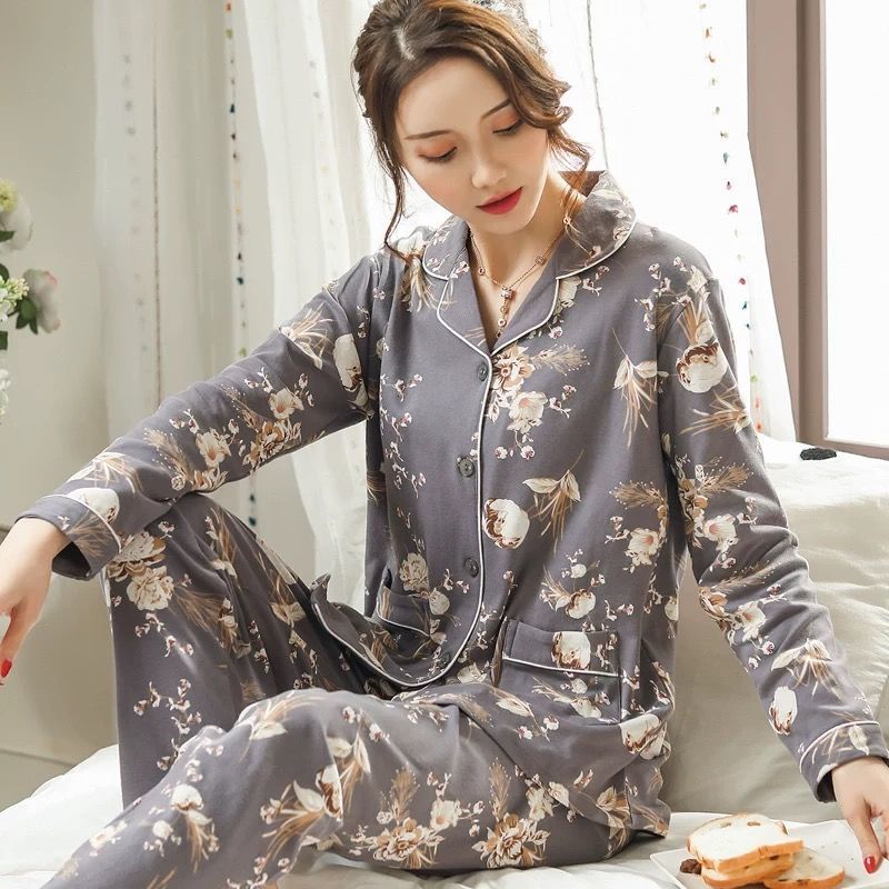 Nuevo 100% Pijama de algodón de las mujeres cardigan de manga larga de mediana edad más el tamaño de primavera y otoño día de desgaste en el hogar traje Delgado