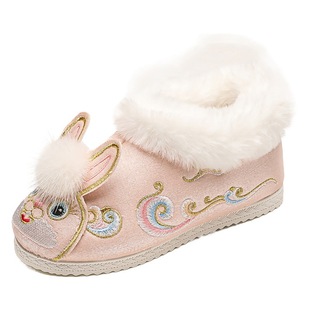 New Winter Bunny Red New Year's Shoes Girls Hanfu Shoes Children's Embroidered Shoes Antique Short Boots Warm Cotton Shoes