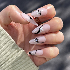 Black and white floral sticker nail art with black striped short almond nails, detachable nail pieces, wholesale