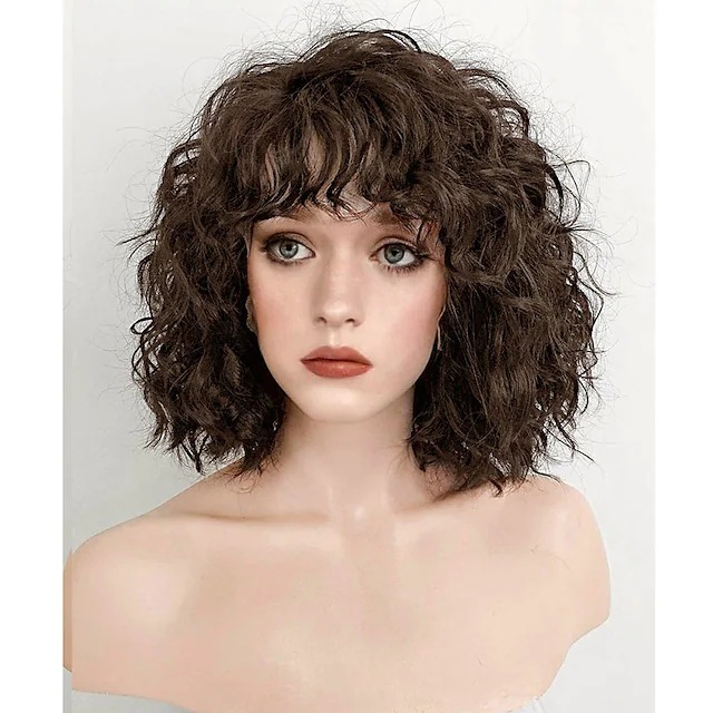 Synthetische Perücke für Damen, kurzes Haar, mit Wasserwellenmuster, flauschiges braunes Kunstfaser-Stirnband, Air Bangs, gelockte Synthese_voghion.com
