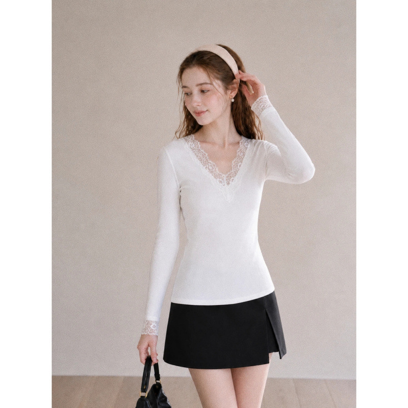 Autumn Korean-style gentle and elegant V-neck lace trim slim-fit cashmere base layer long-sleeve T-shirt top Autumn Korean-style gentle and elegant V-neck lace trim slim-fit cashmere base layer long-sleeve T-shirt top