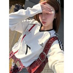 アメリカのレトロなボールの服の風のtシャツの女性の春のリボンはvネックの運動の速乾の長袖のゆったりしているカップルの上着をつなぎ合わせます。