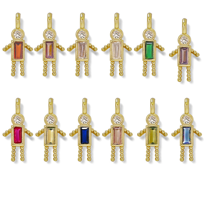 Cute Boy Couple Pendant Twelve Birthstone Copper Micro-Paved Zircon Real Gold Mini Pendant DIY Jewelry Accessories