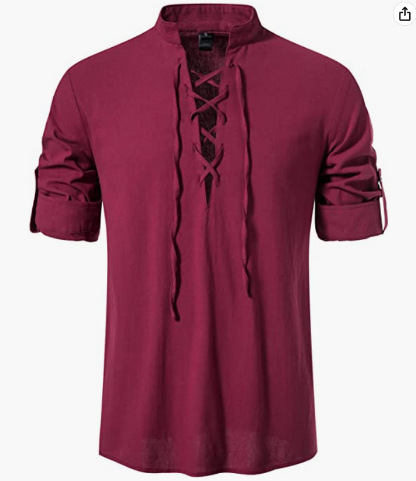 Amazon algodón y lino de los hombres Henley camisa de manga larga hippie casual playa soporte cuello camisa europea y americana transfronteriza camisa de cordón