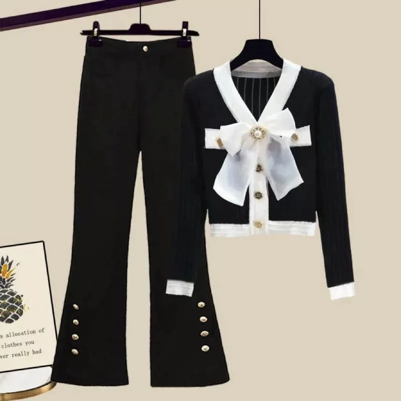 Autumn set, knitted sweater with bow, plus size, Chanel style