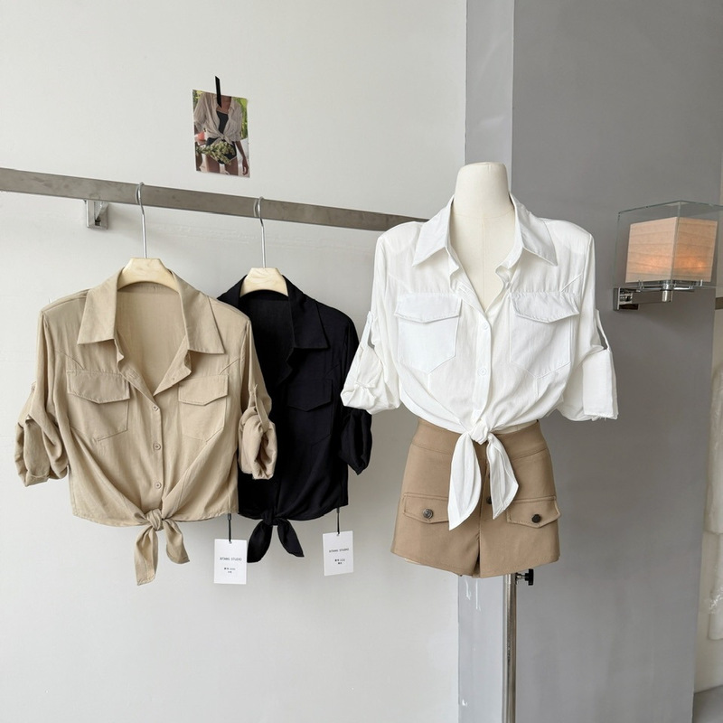 Simple collared loose-fitting commuter shirt with fixed shoulder pads for women, summer loose-fitting slimming top with tie design for women Simple collared loose-fitting commuter shirt with fixed shoulder pads for women, summer loose-fitting slimming top with tie design for women