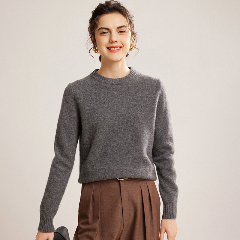 100 Kangjiashan Cashmere Sweater Elegant Round Neck Simple Atmospheric Thickened Loose Slimming Knitted Base Sweater