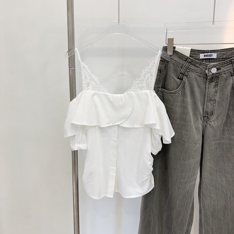 20% Linen, 50% Cotton! My26553 Fairy-Like Ruffled Edge Niche Designer Lace Patchwork Shirt, Non-Returnable, Non-Exchangeable