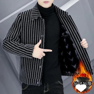 Autumn and Winter new men's coat versatile fleece-lined thick striped woolen coat lapel casual jacket warm