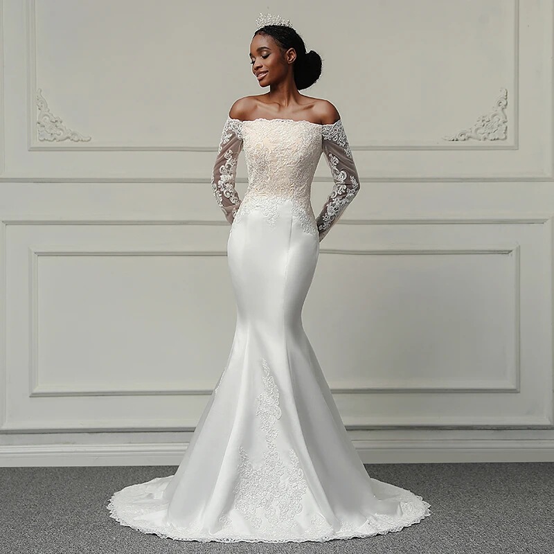 New Foreign Trade Wedding Dress African Mermaid off-shoulder Series Back Lace-up Slim-fit Retro Lace Dress