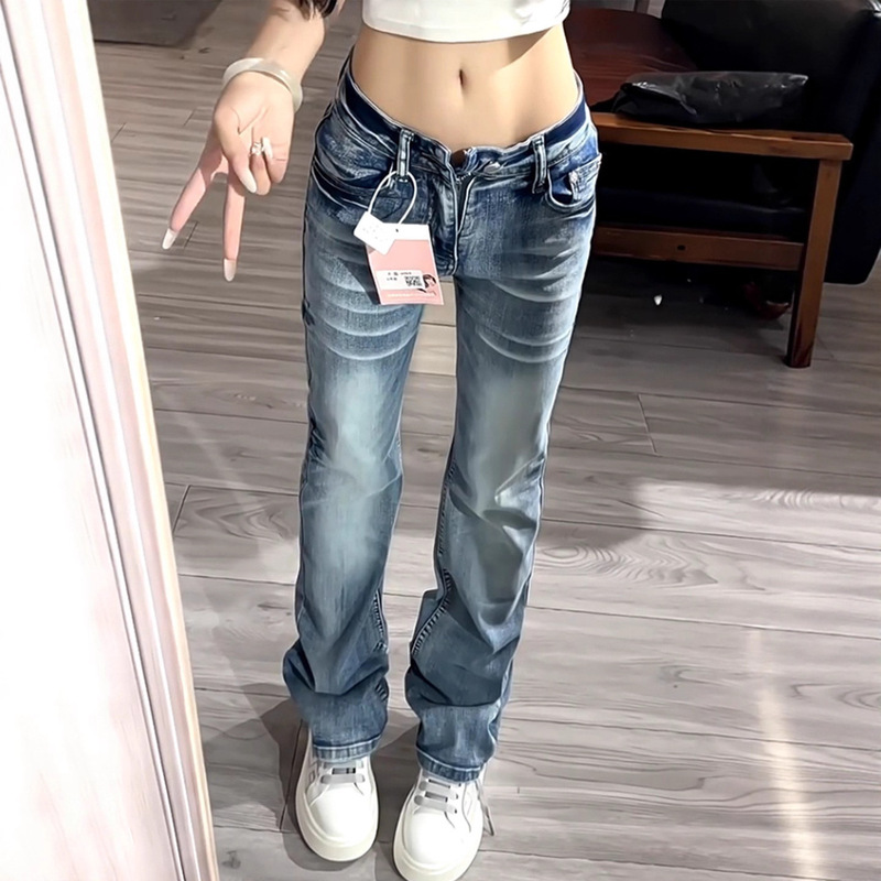 American High Street Design Low-Waisted Flared Jeans for Women, Autumn and Winter Design, Trendy Stretchy Slim Straight Pants