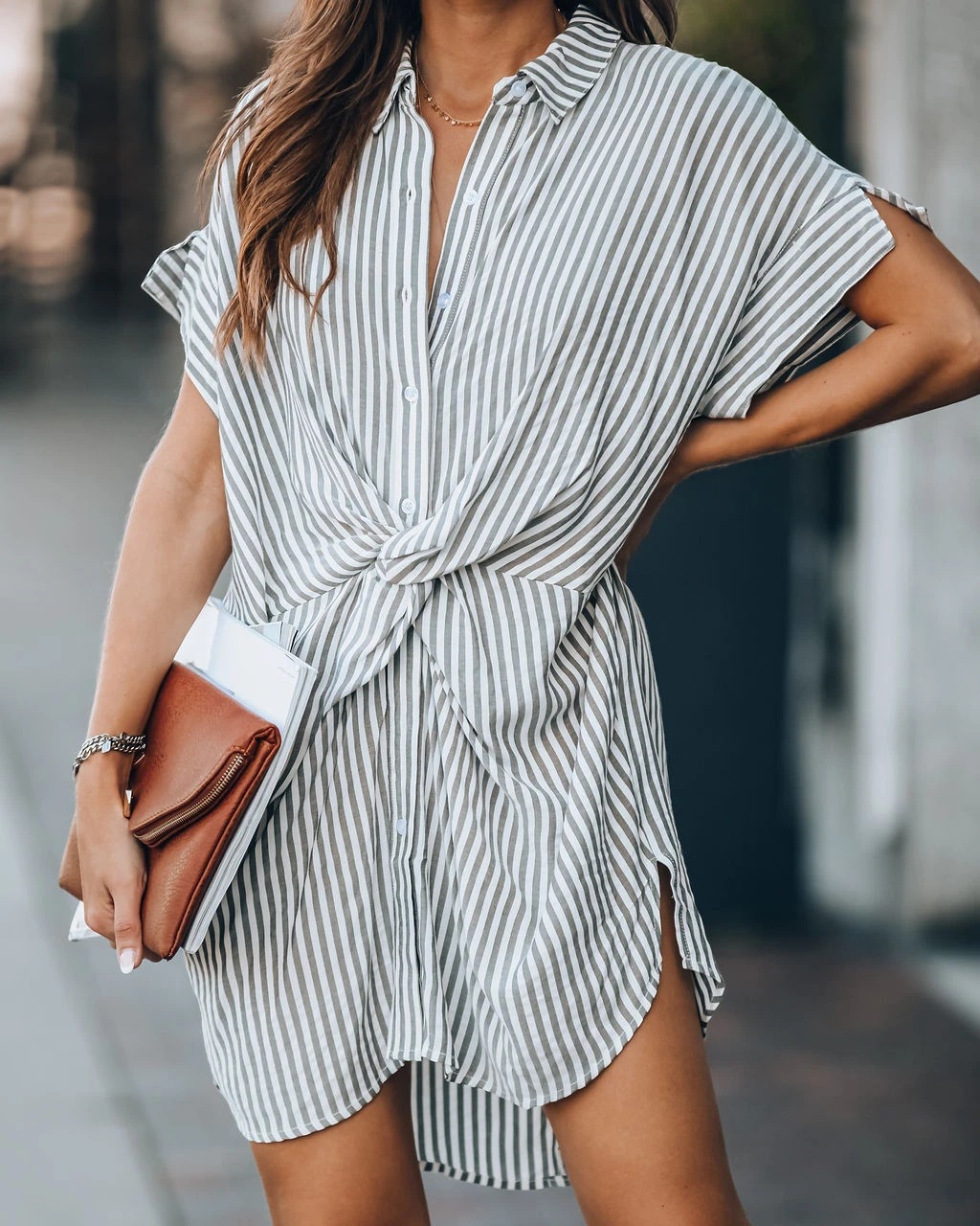 breasted striped knotted short sleeve lapel shirt dress NSFH130973