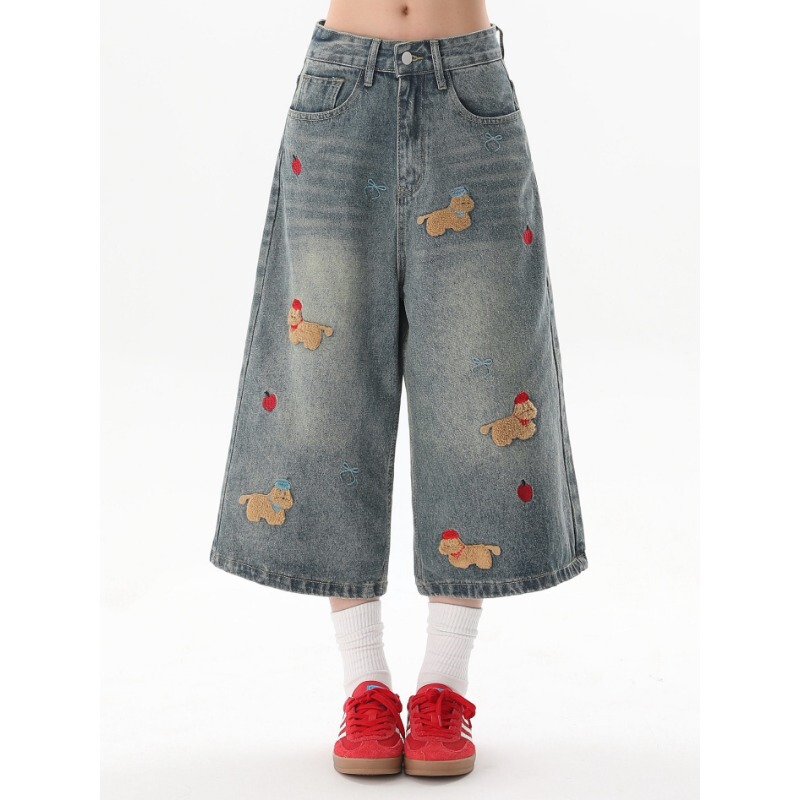 New Summer American-Style Cute Dog Towel-Embroidered Denim Shorts for Women, New Retro Loose-Fitting Cropped Pants for Summer