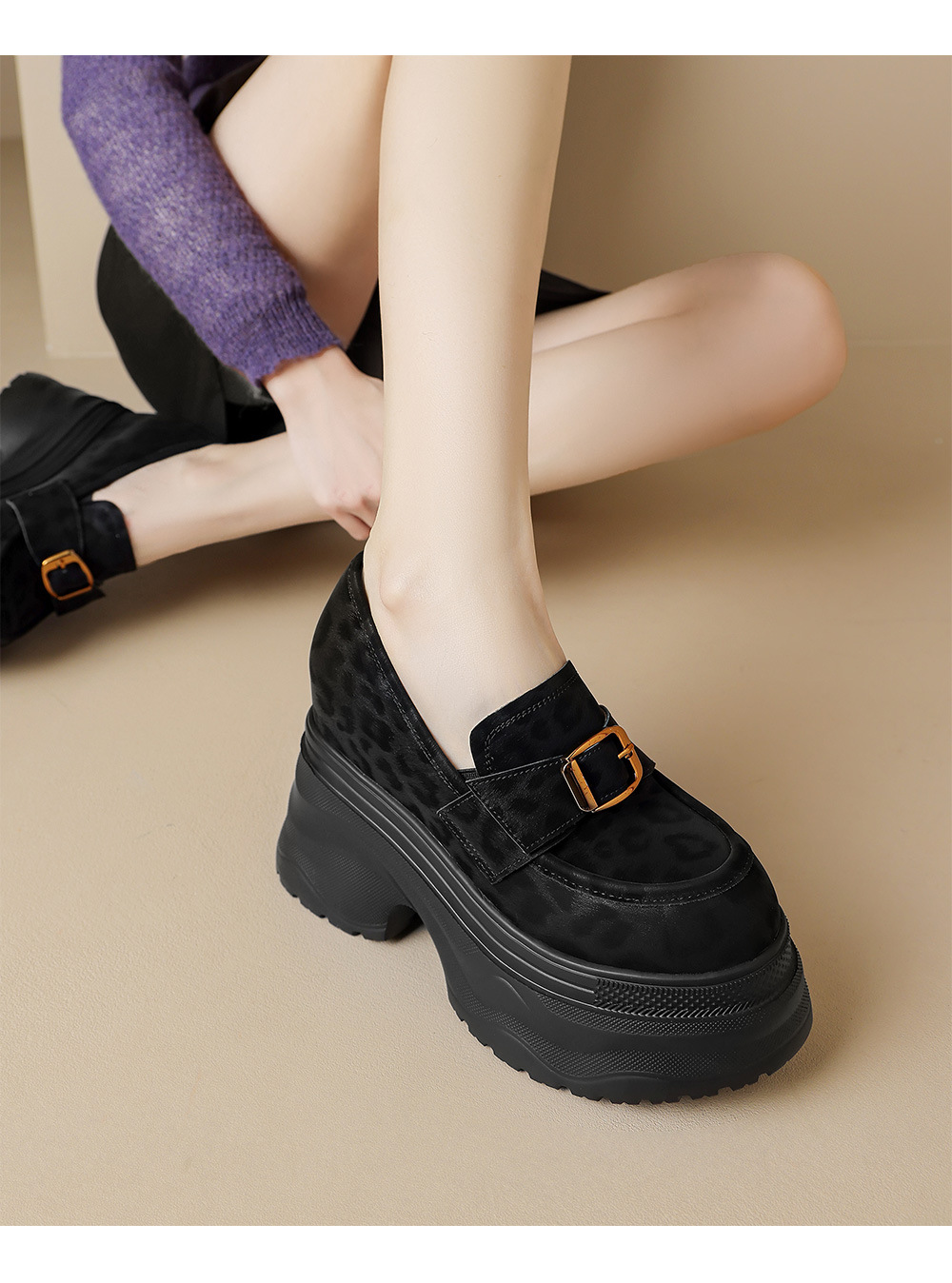 Giày loafer nữ đế xuồng họa tiết báo khóa kim loại tăng chiều cao — đen, nâu đen chi tiết 12