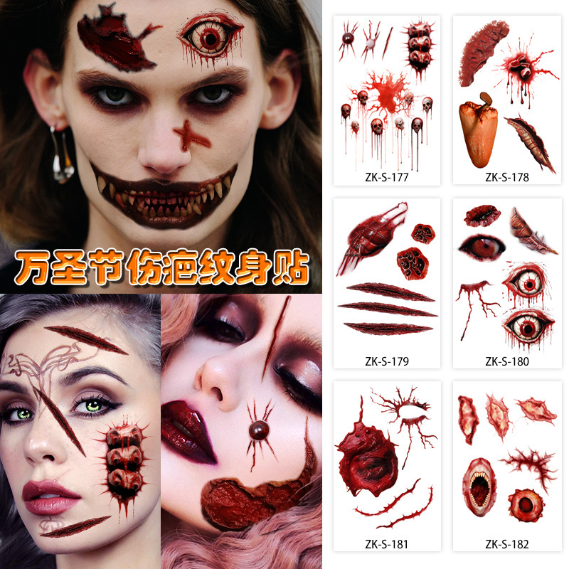 New Halloween tattoo stickers waterproof disposable temporary simulation scar horror big mouth crack face tattoo stickers