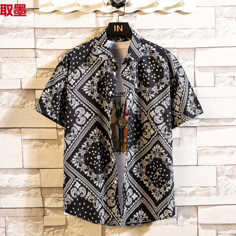 Summer Small Floral Print Short-sleeved Shirt Men's Distinctive Pattern Beach Casual Thin Cotton Shirt Trendy Hair Stylist