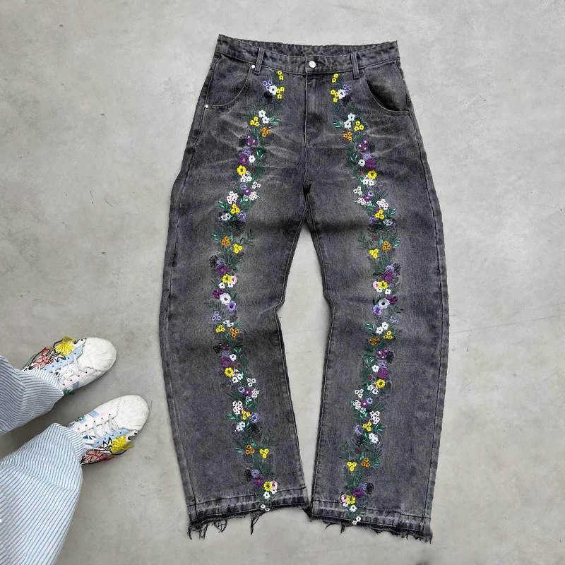 Europa y Estados Unidos transfronterizos retro estilo americano Harajuku moda personalidad bordada callejera de tendencia jeans casuales pantalones rectos