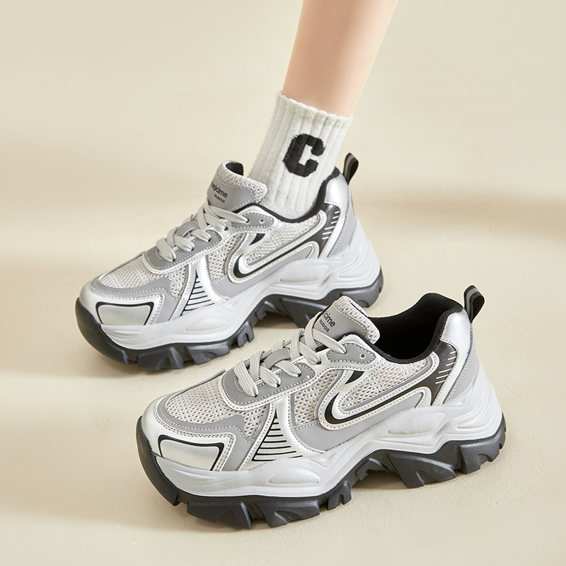 Augustion Daddy Shoes Mujer 2025 Nueva suela gruesa de primavera Plata Retro Casual Pies Sneakers ins