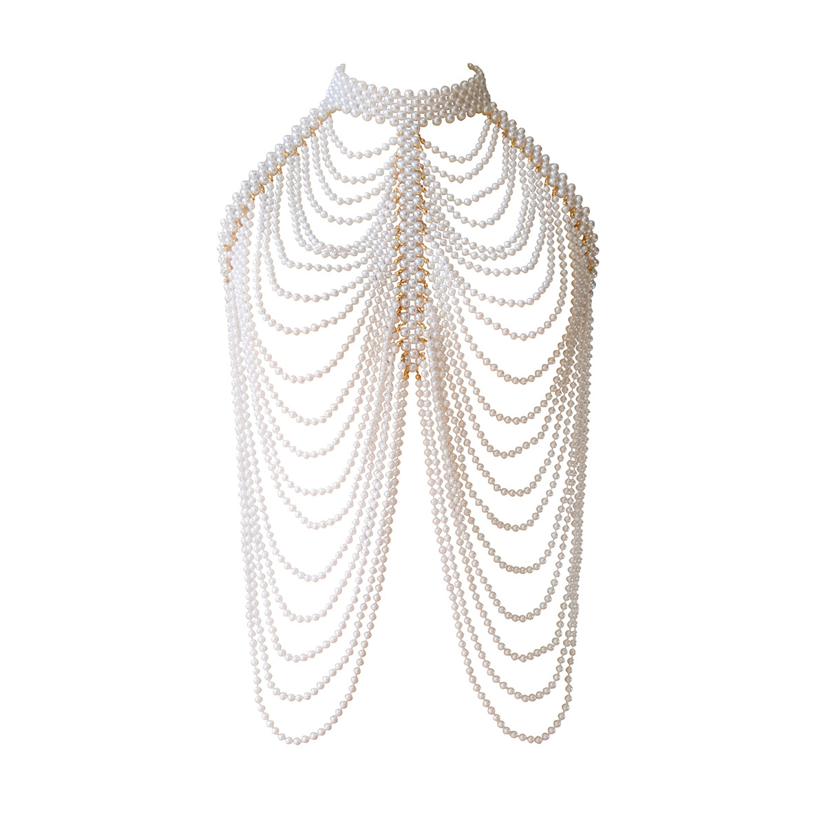 Joyas transfronterizas europeas y americanas, cadena de pecho de perla de imitación tejida a mano, decoración de pecho femenino, borla, collar multicapa, cadena de cuerpo de aleación