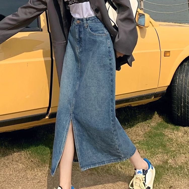 High-Waisted Slit Denim Skirt for Women 2025 New Spring Mid-Length Skirt A-Line Small Butt-Covering Skirt High-Waisted Slit Denim Skirt for Women 2025 New Spring Mid-Length Skirt A-Line Small Butt-Covering Skirt