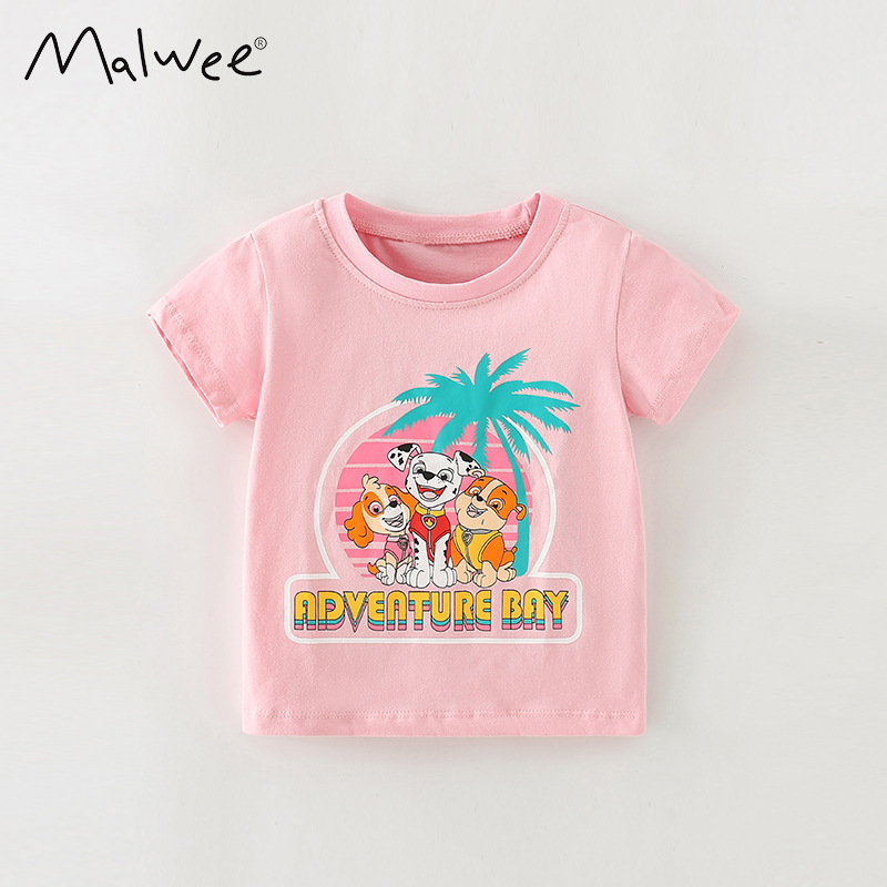 Malwee camiseta de niñas de otoño nuevo estilo de impresión casual para niños de media edad cuello redondo de manga corta chaqueta de niños