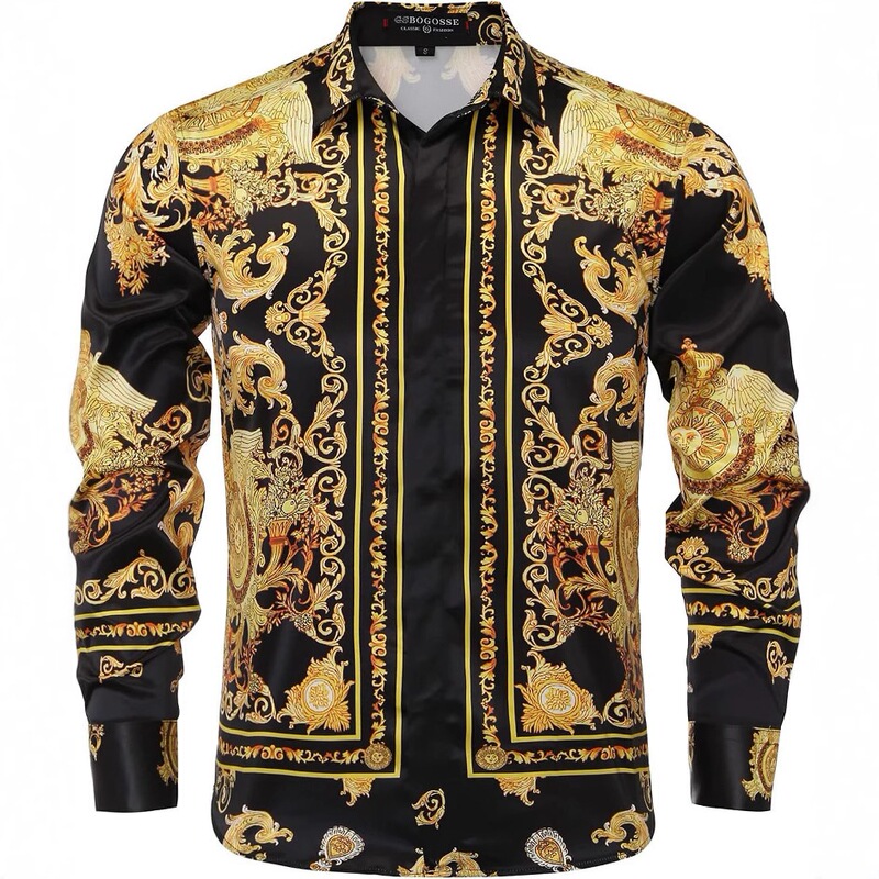 Men's Luxury Brand Printed Silk-Like Satin Button-Down Dress Shirt Suitable for Parties and Balls, Long-Sleeved and Slim-Fit
