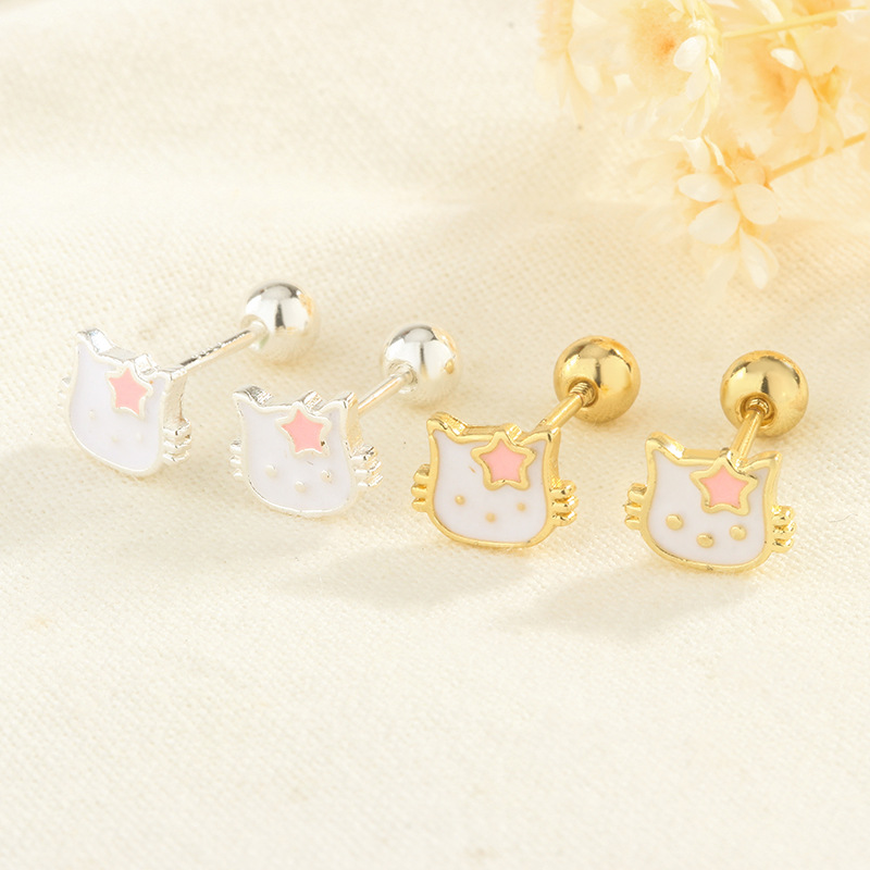 甜美可愛Kt貓耳骨釘擰螺絲防丟設計滴膠動物貓咪耳釘女睡覺不用摘