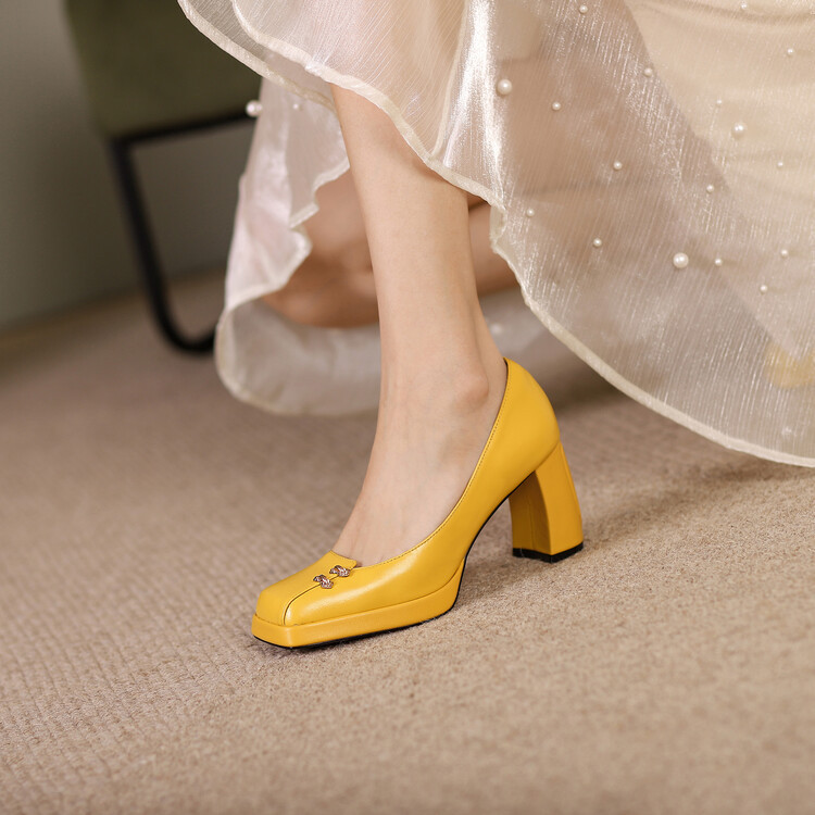 High-Heeled Shoes for Women 2026 New Spring and Autumn Waterproof Platform Square-Toe Niche Design Yellow Chunky Heel Comfortable Single Shoes