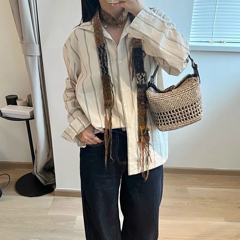 Storage Basket Bag, Rattan Handbag, Woven Shoulder Bag, Handmade Natural Rattan & Seagrass, Leather Trim, Eco-Friendly, Lightweight, Durable For Daily_voghion.com