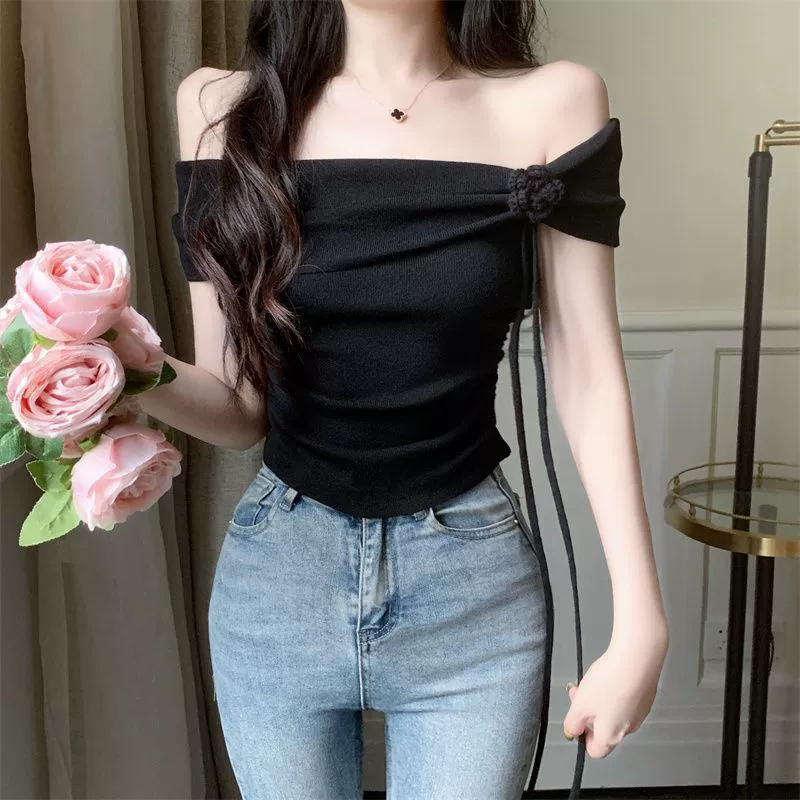 Узорный вязаный элегантный свитер, летняя короткая пружина цветок, открытые плечи, приталенный
