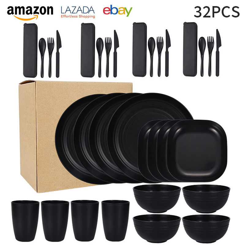 Amazon Wheat Straw Tableware Knife, Fork and Spoon suit Cross-border Portable Dishes and Dish Water Cup 4-person Tableware Wholesale