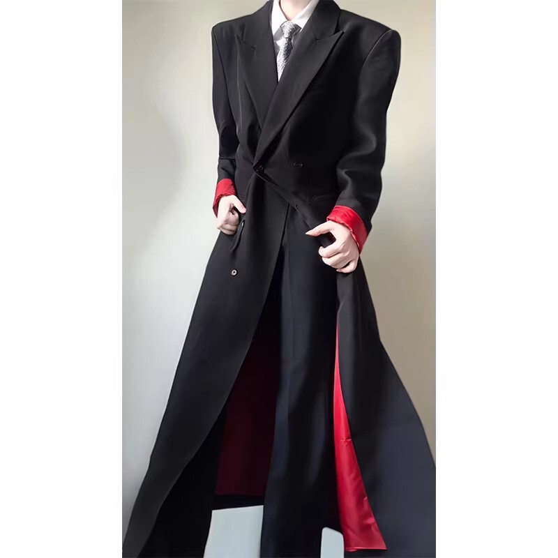Black Woolen Coat with Red Collar and Lapels for Men, Winter Waist-Cinching Trench Coat, Long Style with Shoulder Pads, Red Bottom Coat