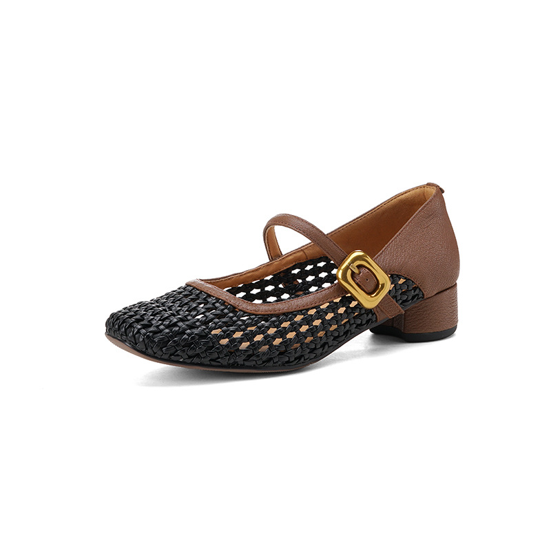 Piel de oveja suave ~ Zapatos Mary Jane huecos tejidos con punta cuadrada de cuero retro, sandalias de una línea de tacón grueso con punta cuadrada de boca baja para mujer