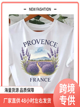女子普罗旺斯图形休闲船员袖弹力织物薰衣草夏季短袖原宿街头穿上