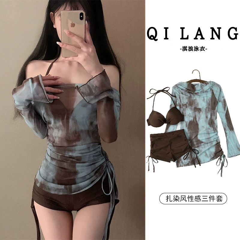 Новый стиль сплит блузка набор купальник бикини из трех частей женский сексуальный брюки с высокой талией, рога, горячие источники купальники для отдыха оптом