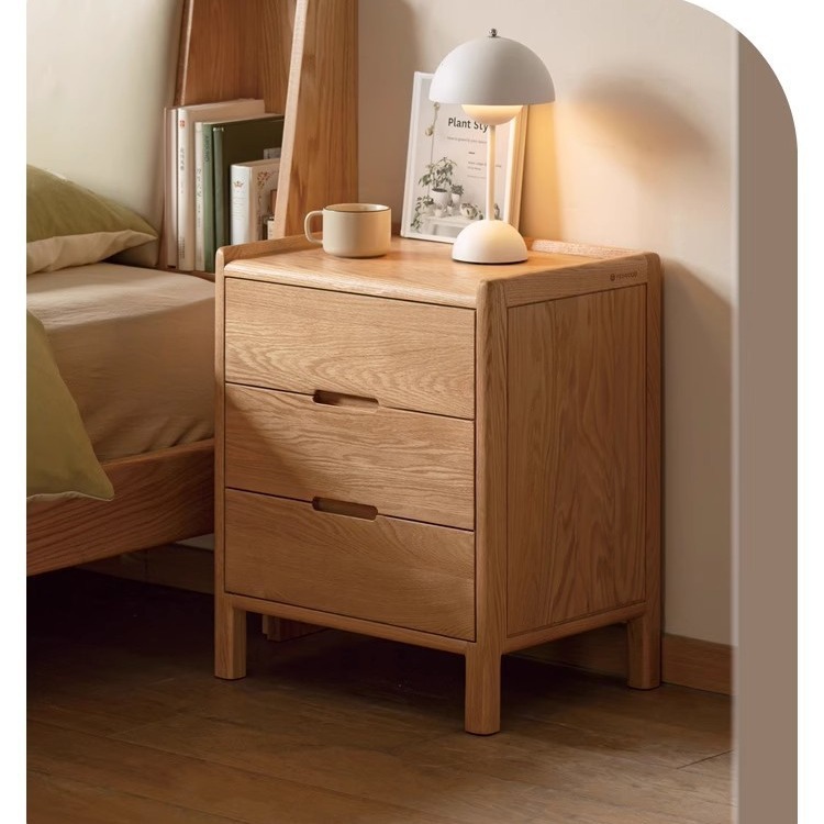 Oak Bedside Table Solid Wood Modern Minimalist Storage Bedside Table Small Apartment Bedroom Natural Wood Three-Drawer Bedside Cabinet