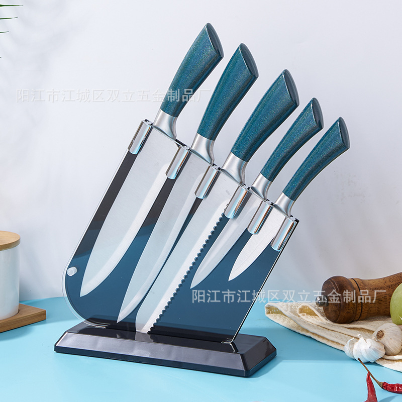 Fábrica en stock cuchillos de seis piezas de acero inoxidable manejar cuchillos de cocina con almacenamiento cuchillo titular cuchillos traje al por mayor