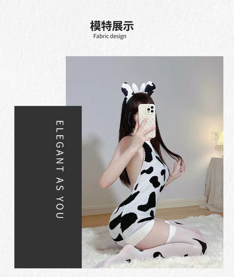 Cow Maid Knit Sweater Costume Set with Socks and Ears, Backless Open-Knit Design — detail image 7