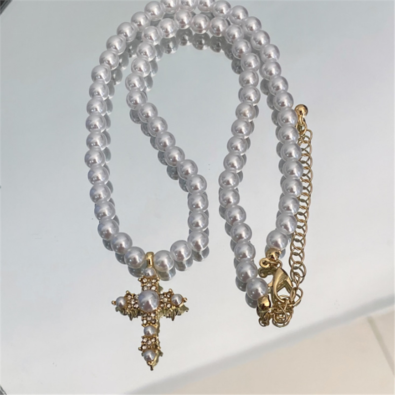 Collana con croce e perle barocche stile vintage uomo donna_voghion.com