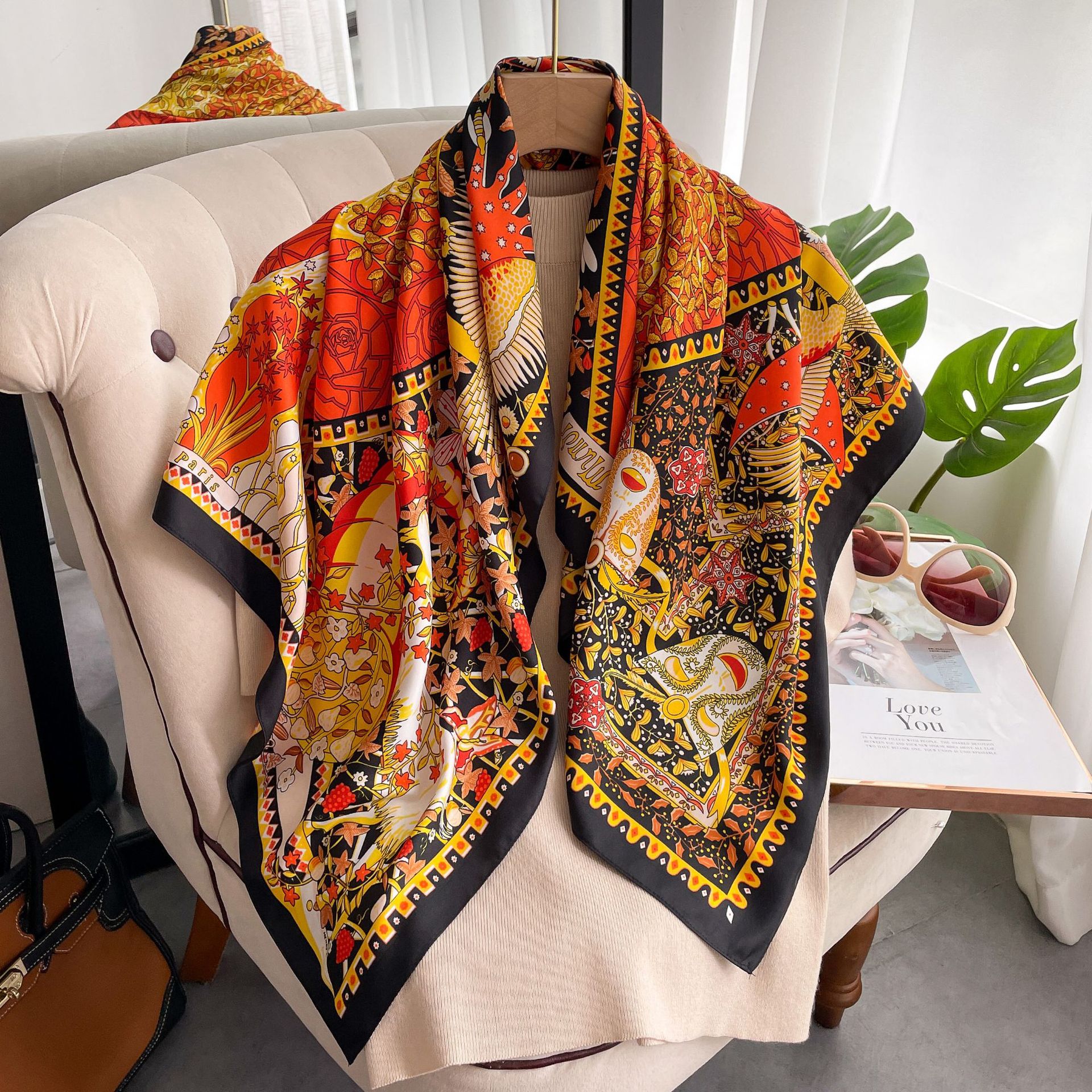 90cm New National Tree of Life Women's Twill Square Scarf Silk Scarf Shoulder Scarf Net Red Scarf_voghion.com