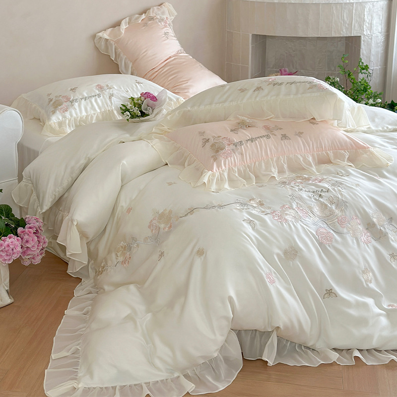Summer Cool Ice Silk Quilt Cover French Princess Style Summer Tencel Four-piece Set With Cool-touch Embroidered Duvet Cover And Bed Sheet, Light_voghion.com