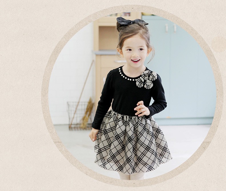 Vestido de los niños del otoño de una sola pieza de entrega estilo coreano niñas de algodón de manga larga vestido de organza a cuadros blanco y negro vestido de princesa