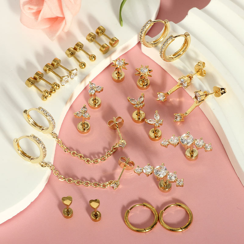 13 Pairs Geometric Zircon Earrings Set - Stainless Steel + Copper, Real Gold Plated, Flower Earrings, Butterfly, Star of David detail image 8